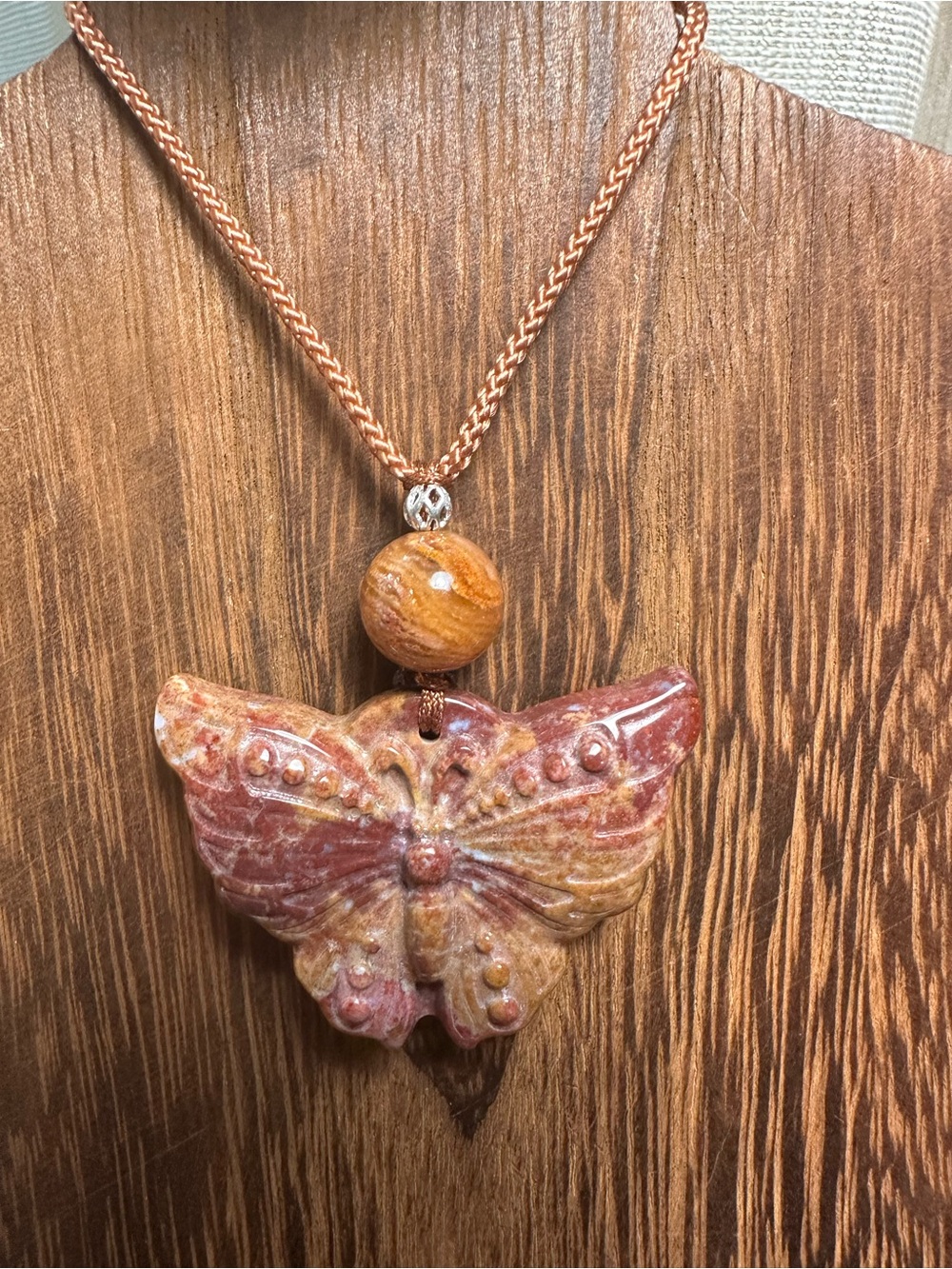 Purple and Peach Coral Fossil Butterfly 🦋 Pendant Necklace with Garden Quartz